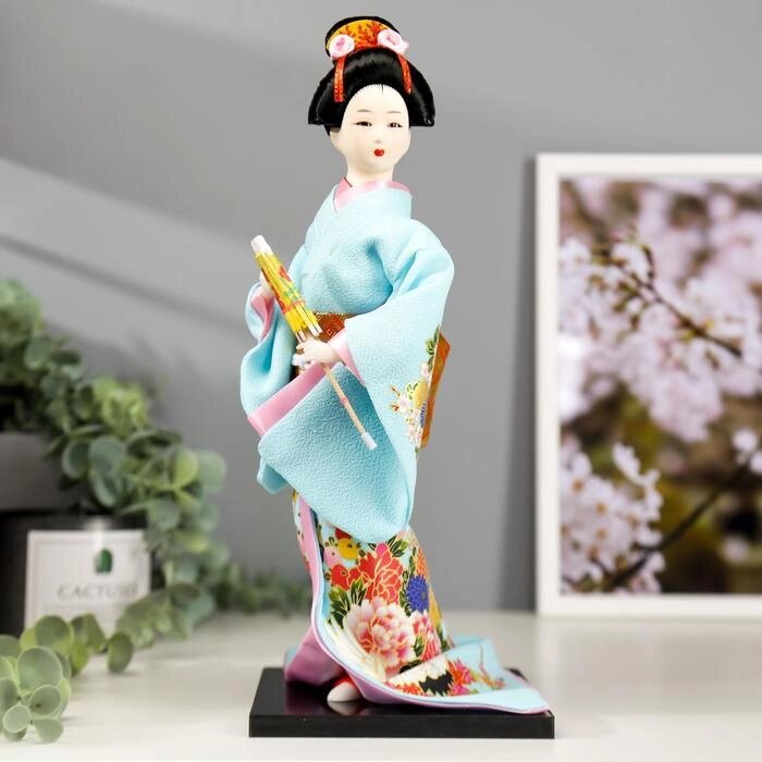 Кукла коллекционная "Японка в голубом кимоно с зонтом" 30х12,5х12,5 см от компании Интернет - магазин Flap - фото 1