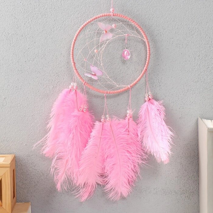 Ловец снов "Бабочки и страусиные перья" розовый d=15 см 50х15 см от компании Интернет - магазин Flap - фото 1