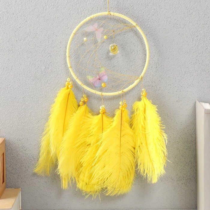 Ловец снов "Бабочки и страусиные перья" жёлтый d=15 см 50х15 см от компании Интернет - магазин Flap - фото 1