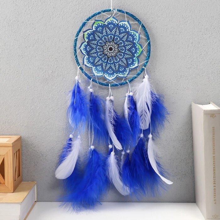 Ловец снов "Мандала с синими перьями" 60х15х0,7 см от компании Интернет - магазин Flap - фото 1