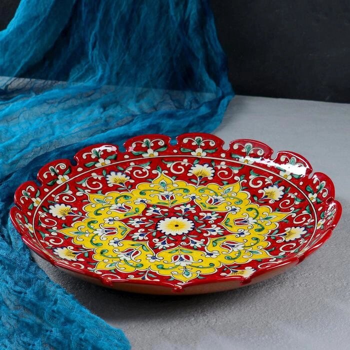 Ляган Риштанская Керамика "Цветы", 31 см, красный, рифлённый от компании Интернет - магазин Flap - фото 1