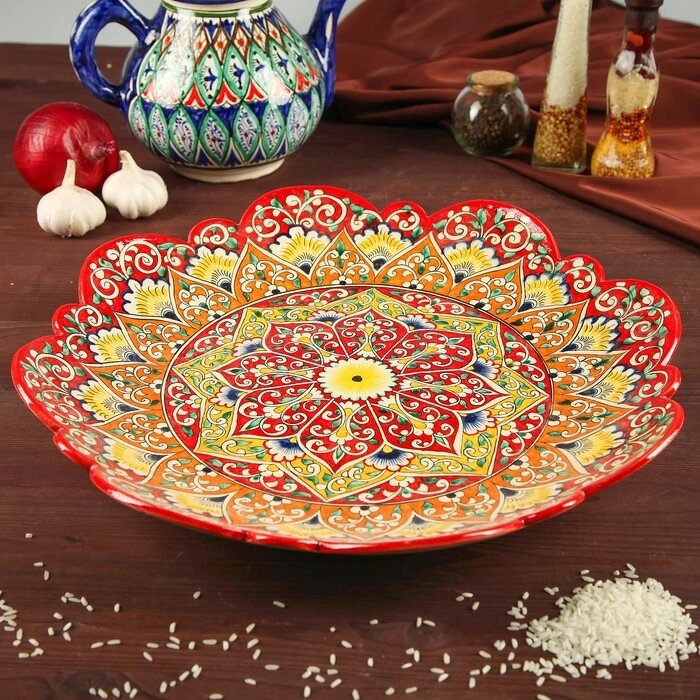 Ляган Риштанская Керамика "Цветы", 40 см, красный микс, рифлённый от компании Интернет - магазин Flap - фото 1