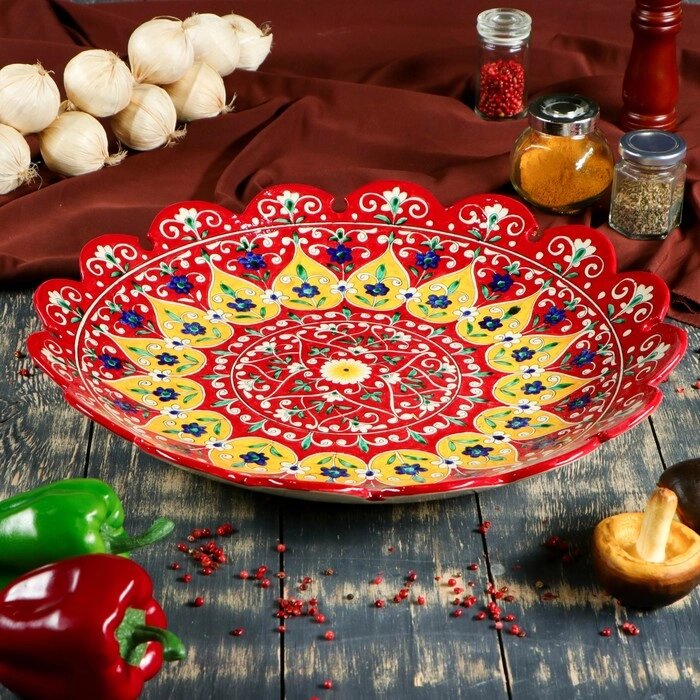 Ляган Риштанская Керамика "Цветы", 42 см, красный, рифлённый от компании Интернет - магазин Flap - фото 1