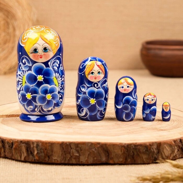 Матрёшка 5-ти кукольная "Нина" синяя , 13см, ручная роспись. от компании Интернет - магазин Flap - фото 1