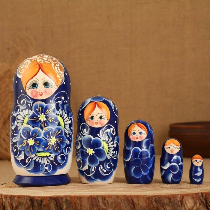 Матрёшка 5-ти кукольная "Сима" синяя , 17-18см, ручная роспись. от компании Интернет - магазин Flap - фото 1