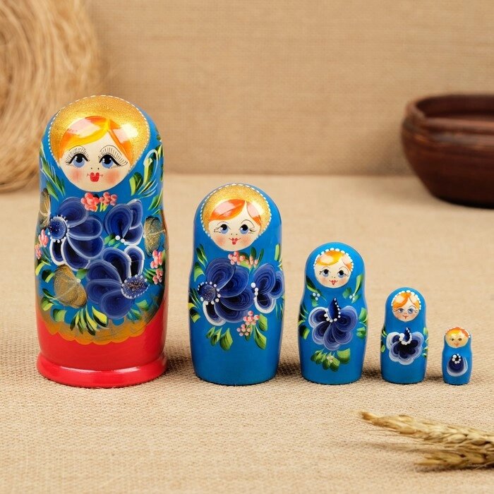 Матрёшка "Красный сарафан, синие цветы", 5 кукольная от компании Интернет - магазин Flap - фото 1