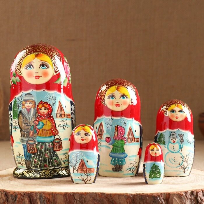 Матрёшка «Парочка», красный  платок,5 кукольная,  люкс от компании Интернет - магазин Flap - фото 1