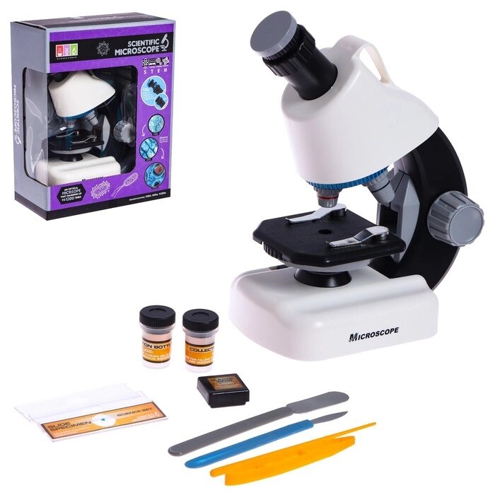 Микроскоп детский «Юный ученый» кратность х100, х400, х1200, подсветка, цвет белый от компании Интернет - магазин Flap - фото 1