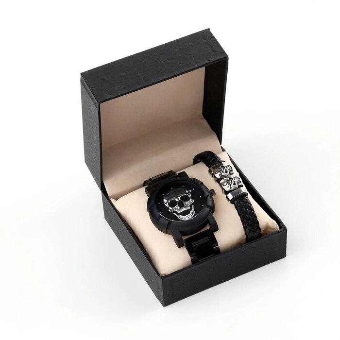Мужской подарочный набор "Череп" 2 в 1: наручные часы, браслет от компании Интернет - магазин Flap - фото 1