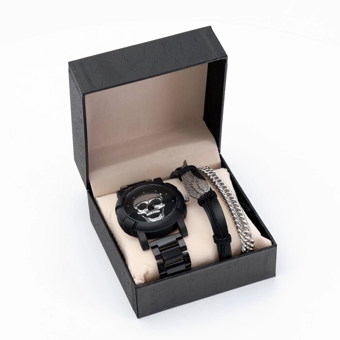 Мужской подарочный набор "Череп" 3 в 1: наручные часы, 2 браслета от компании Интернет - магазин Flap - фото 1