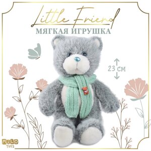 Мягкая игрушка "Little Friend", мишка с зелёным шарфом, цвет светло-серый