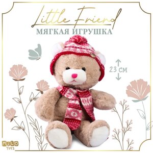 Мягкая игрушка "Little Friend", мишка в шапке и шарфе, цвет розовый