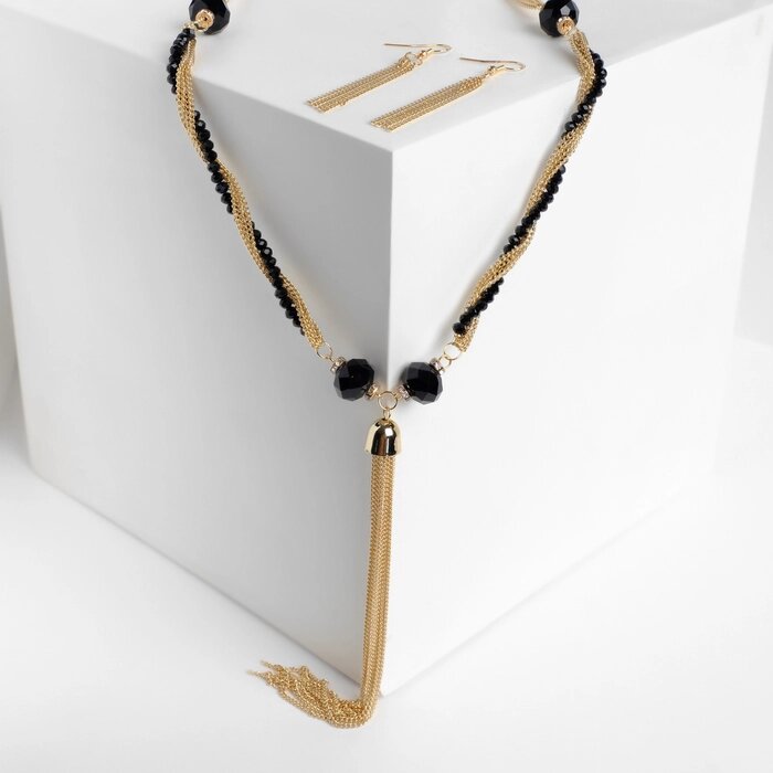 Набор 2 предмета: серьги, бусы «Унисон» накрученность, цвет чёрный в золоте, 60 см от компании Интернет - магазин Flap - фото 1