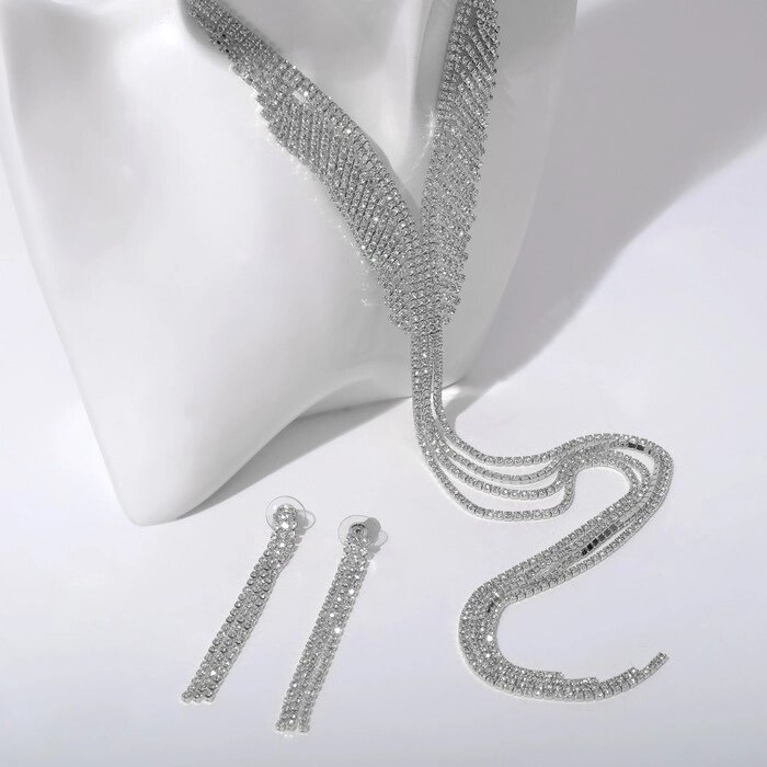 Набор 2 предмета: серьги, колье «Лёд» дорожка с лесенкой, цвет белый в серебре, 39 см от компании Интернет - магазин Flap - фото 1