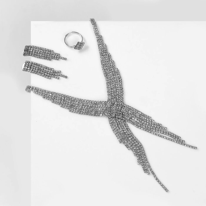 Набор 3 предмета: серьги, колье, кольцо «Водопад» крылья, цвет белый в серебре от компании Интернет - магазин Flap - фото 1