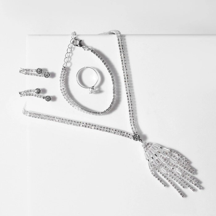 Набор 4 предмета: серьги, колье, браслет, кольцо «Грация» водопад, цвет белый в серебре от компании Интернет - магазин Flap - фото 1