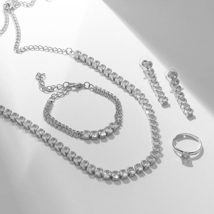Набор 4 предмета: серьги, колье, браслет, кольцо «Изыск» овалы, цвет белый в серебре от компании Интернет - магазин Flap - фото 1