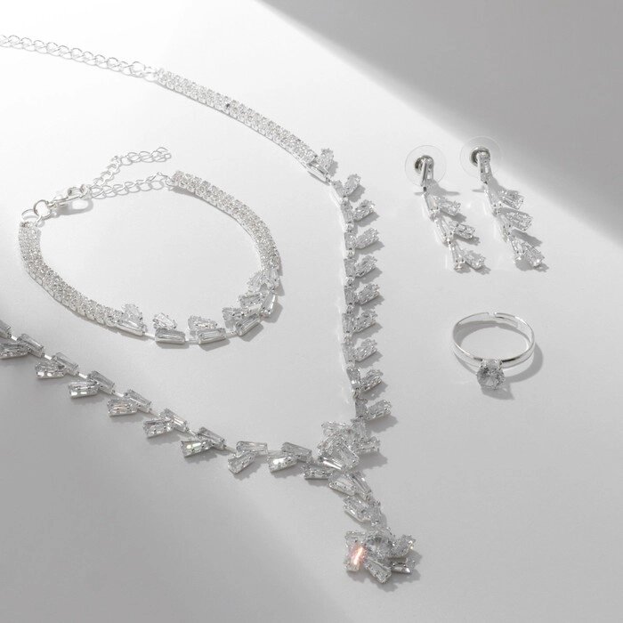Набор 4 предмета: серьги, колье, браслет, кольцо «Узор» тонкий, цвет белый в серебре от компании Интернет - магазин Flap - фото 1