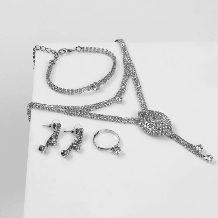 Набор 4 предмета: серьги, колье, браслет, кольцо «Жаклин», 2 нити, цвет белый в серебре от компании Интернет - магазин Flap - фото 1