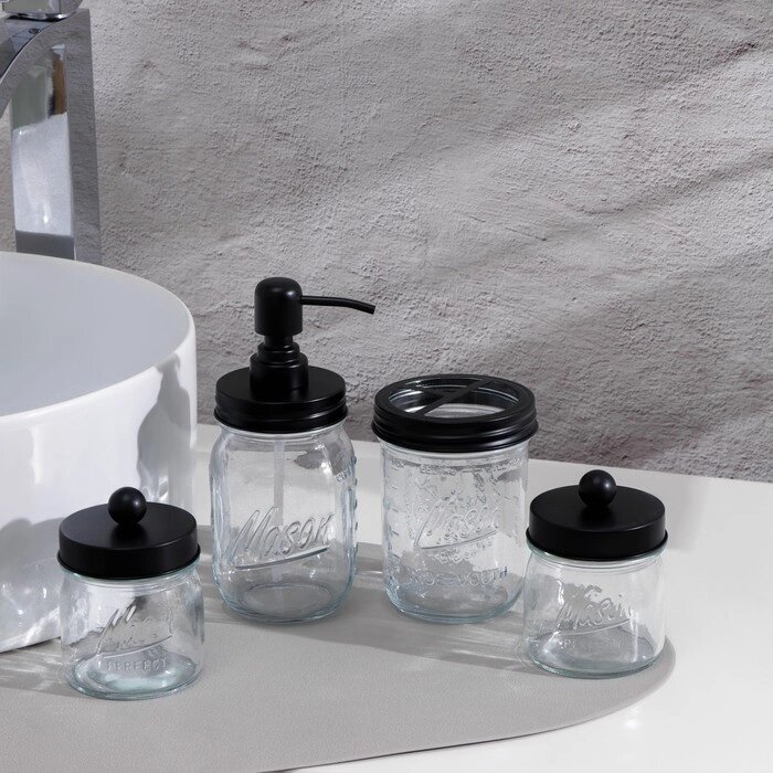 Набор аксессуаров для ванной, 4 предмета (дозатор, стакан для щёток, 2 банки), цвет чёрный от компании Интернет - магазин Flap - фото 1