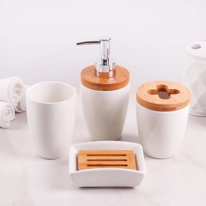 Набор аксессуаров для ванной комнаты «Бамбук», 4 предмета (мыльница, дозатор, два стакана) от компании Интернет - магазин Flap - фото 1