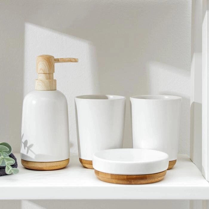 Набор аксессуаров для ванной комнаты «Эко», 4 предмета (мыльница, дозатор для мыла, 2 стакана), цвет белый от компании Интернет - магазин Flap - фото 1
