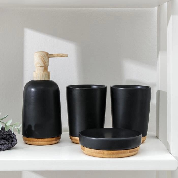 Набор аксессуаров для ванной комнаты «Эко», 4 предмета (мыльница, дозатор для мыла, 2 стакана), цвет чёрный от компании Интернет - магазин Flap - фото 1