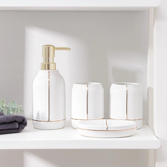 Набор аксессуаров для ванной комнаты «Лайн», 4 предмета (дозатор 400 мл, мыльница, 2 стакана), цвет белый от компании Интернет - магазин Flap - фото 1