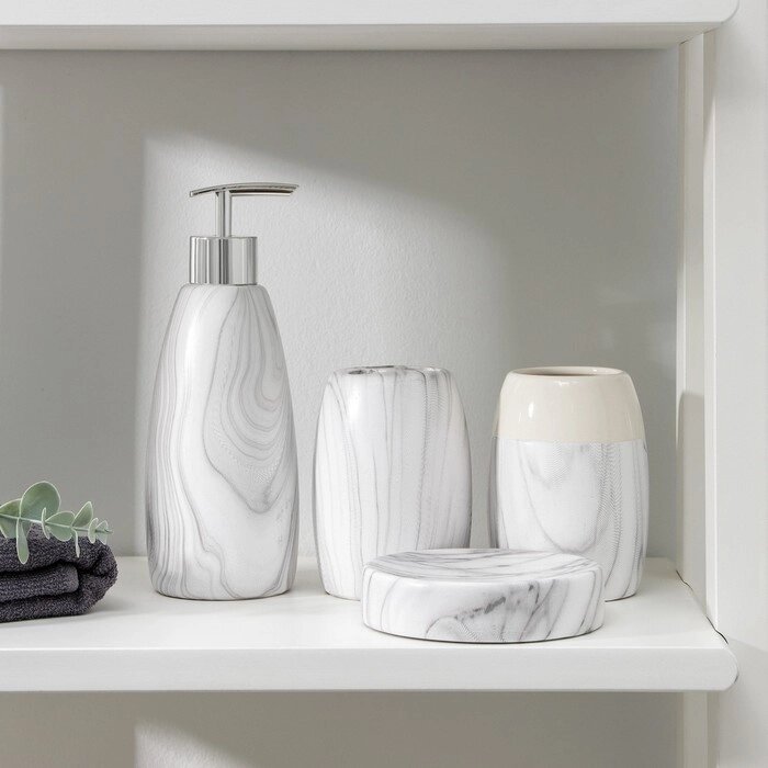 Набор аксессуаров для ванной комнаты «Мрамор», 4 предмета (дозатор 400 мл, мыльница, 2 стакана), цвет белый от компании Интернет - магазин Flap - фото 1