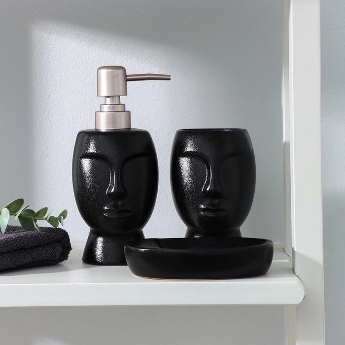 Набор аксессуаров для ванной комнаты SAVANNA «Вуду», 3 предмета (мыльница, дозатор для мыла, стакан), цвет чёрный от компании Интернет - магазин Flap - фото 1