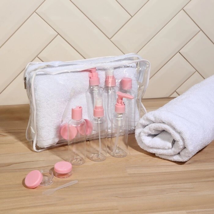 Набор банный, в косметичке, 7 предметов (полотенце 70  140 см, бутылочки 3 шт, баночки 2 шт, лопатка) , цвет от компании Интернет - магазин Flap - фото 1