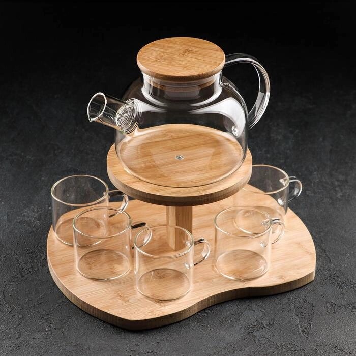 Набор чайный из стекла на деревянной подставке «Эко», 7 предметов: чайник 1,1 л, 5 кружек 120 мл, подставка от компании Интернет - магазин Flap - фото 1