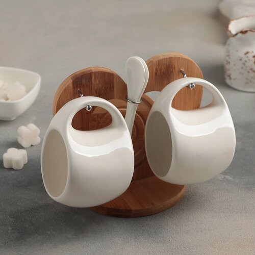 Набор чайный керамический на деревянной подставке «Эстет», 6 предметов: 2 чашки 200 мл, 2 подставки 9,5 см, 2 ложки,