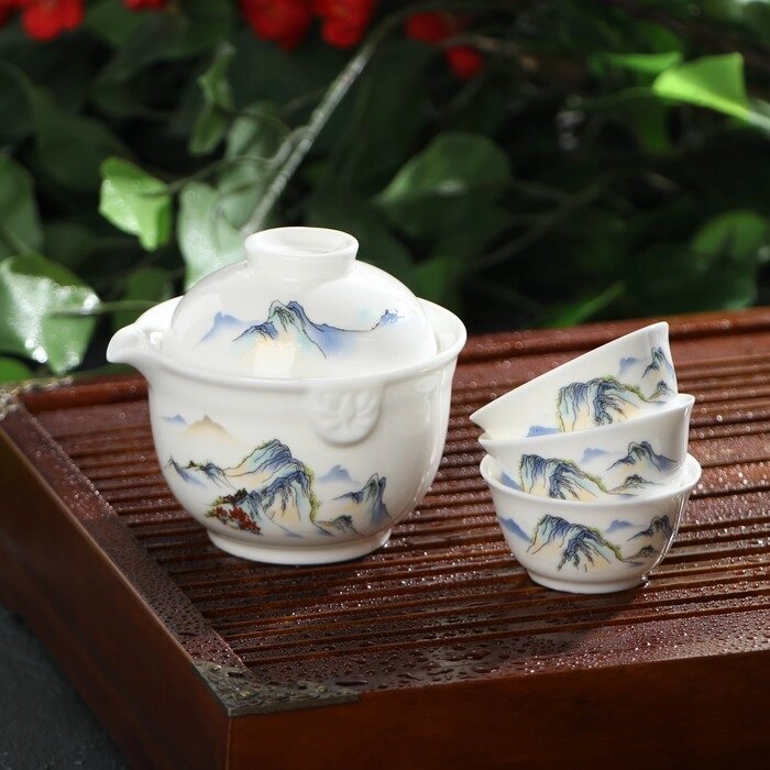 Набор чайный керамический «Восточная мудрость», 4 предмета: 3 пиалы 40 мл, гайвань 240 мл, цвет белый от компании Интернет - магазин Flap - фото 1