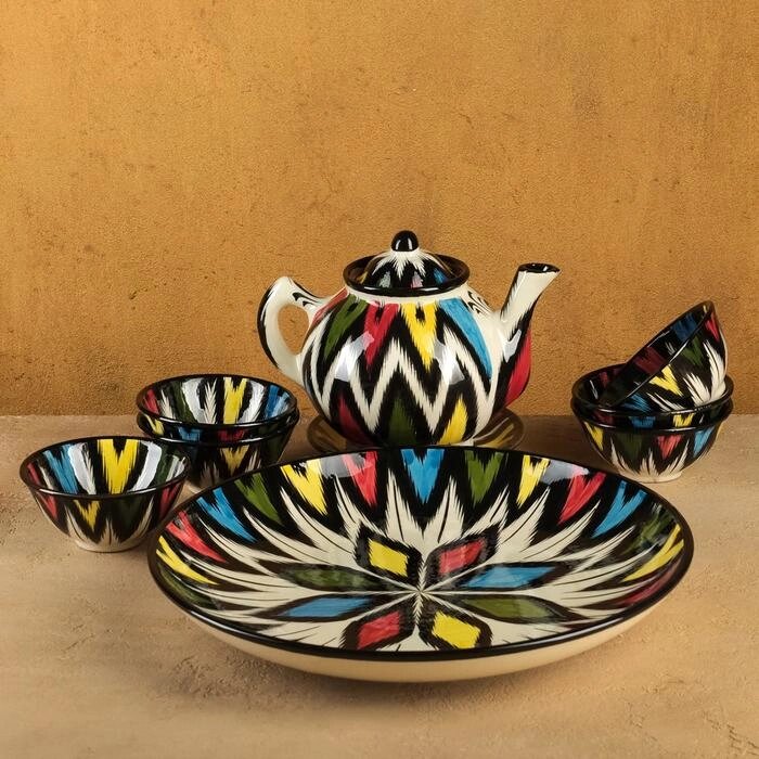 Набор чайный Риштанская керамика "Атлас №3", 9 предметов (чайник 0,8л, пиалы 0,2л) от компании Интернет - магазин Flap - фото 1