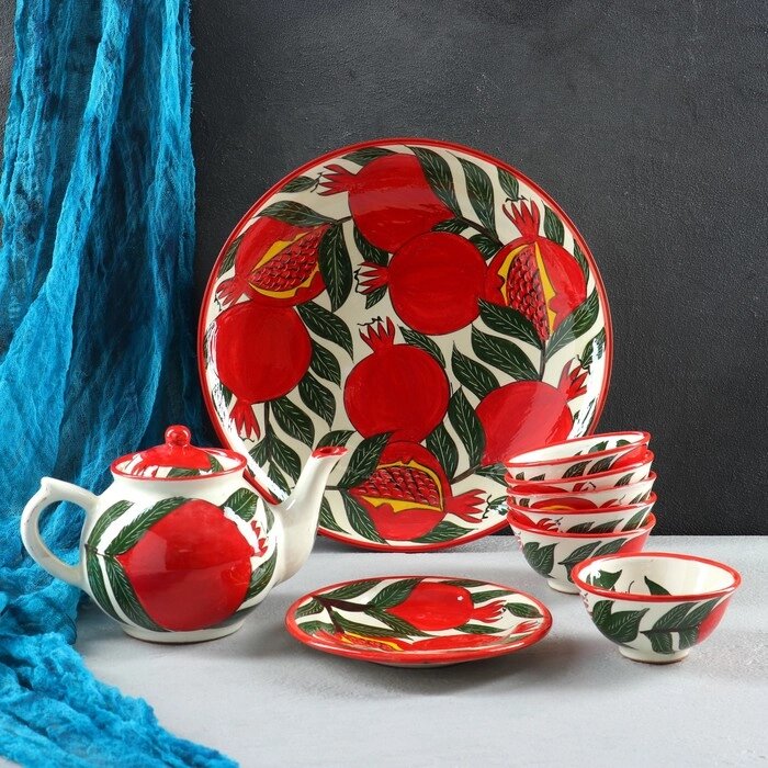 Набор чайный Риштанская керамика "Гранат", 9 предметов (Чайник-0,8л, пиалы-0,5/0,3л) от компании Интернет - магазин Flap - фото 1