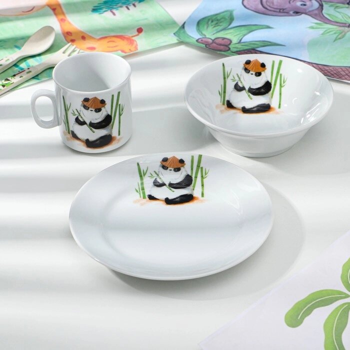 Набор детской фарфоровой посуды «Панда», 3 предмета: кружка 200 мл, миска 350 мл, тарелка d=17 см от компании Интернет - магазин Flap - фото 1