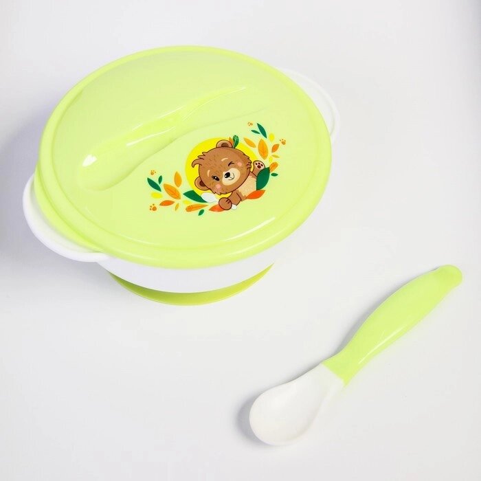 Набор детской посуды «Друзья», 3 предмета: тарелка на присоске, крышка, ложка, цвет зелёный от компании Интернет - магазин Flap - фото 1