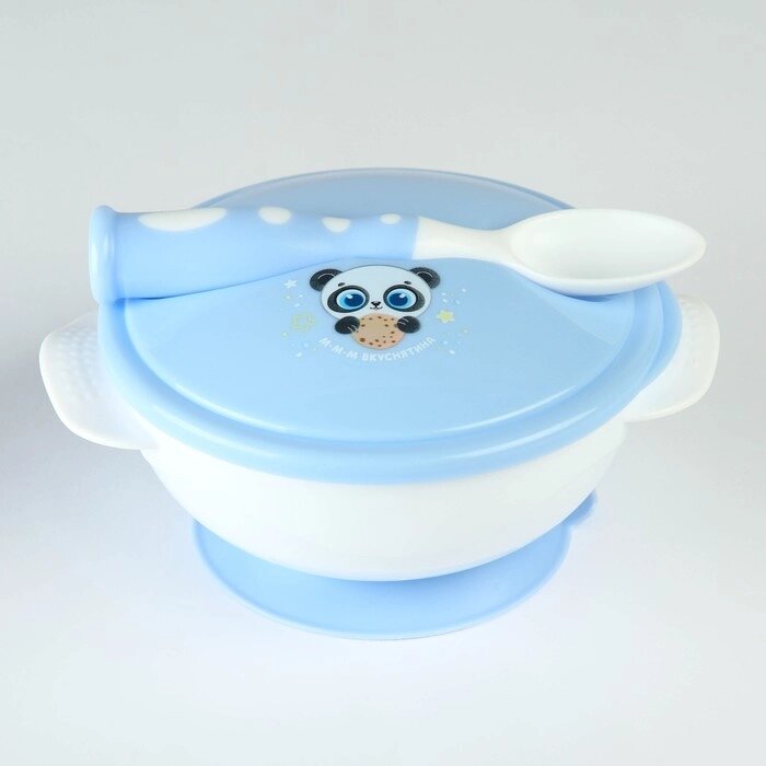 Набор детской посуды «Сладкий малыш», 3 предмета: тарелка на присоске, крышка, ложка, цвет голубой от компании Интернет - магазин Flap - фото 1