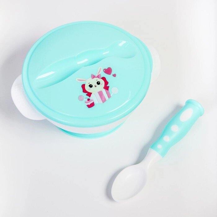 Набор детской посуды «Зайчик», 3 предмета: тарелка на присоске, крышка, ложка, цвет бирюзовый от компании Интернет - магазин Flap - фото 1