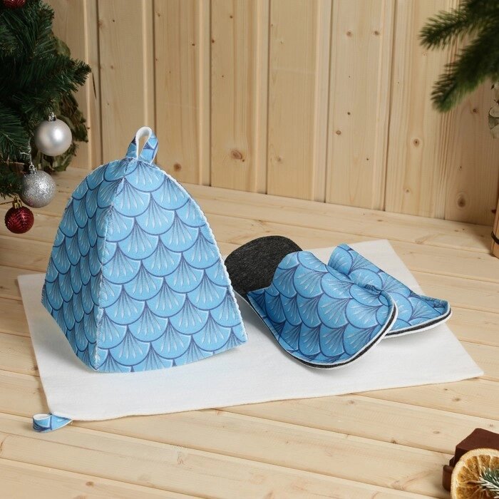 Набор для бани с принтом "Водяной  дракон": шапка, тапки, коврик, голубой, р.  41-43 от компании Интернет - магазин Flap - фото 1