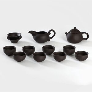 Набор для чайной церемонии керамический «Глина», 11 предметов: 8 пиал 50 мл, чайник, молочник, ступка, цвет коричневый