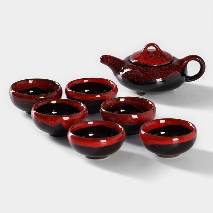Набор для чайной церемонии керамический «Лунное озеро», 7 предметов: 6 пиал 50 мл, чайник 150 мл, цвет красный от компании Интернет - магазин Flap - фото 1