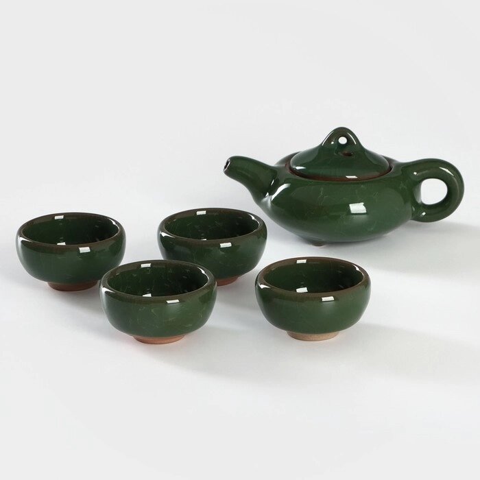 Набор для чайной церемонии керамический «Лунный камень», 5 предметов: 4 пиалы, чайник, цвет зелёный от компании Интернет - магазин Flap - фото 1