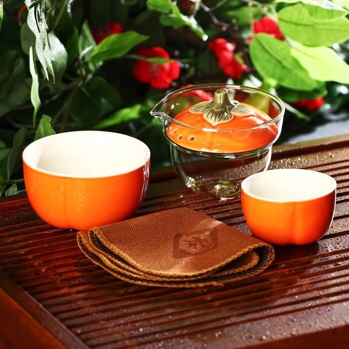 Набор для чайной церемонии керамический «Тыква», 5 предметов: гайвань 200 мл, малая чаша 60 мл, большая чаша 210 мл, от компании Интернет - магазин Flap - фото 1