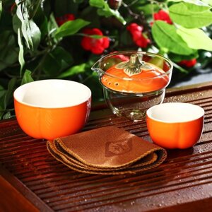 Набор для чайной церемонии керамический «Тыква», 5 предметов: гайвань 200 мл, малая чаша 60 мл, большая чаша 210 мл,