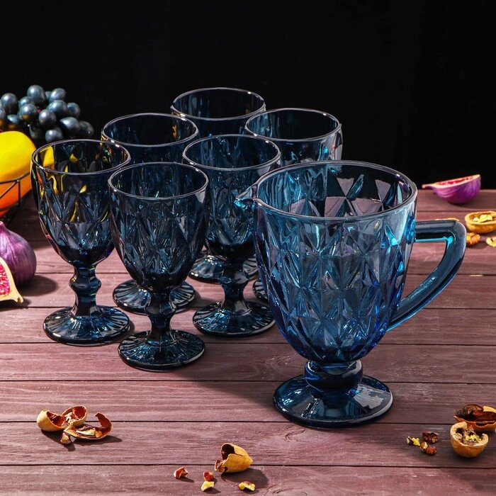 Набор для напитков из стекла «Круиз», 7 предметов: кувшин 1,1 л, 6 бокалов 300 мл, цвет синий от компании Интернет - магазин Flap - фото 1
