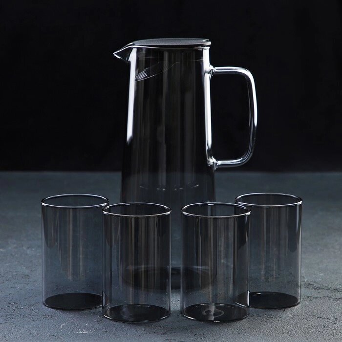 Набор для напитков из стекла Magistro «Дарк», 5 предметов: кувшин 1,35 л, 4 стакана 320 мл, цвет тёмно-серый от компании Интернет - магазин Flap - фото 1