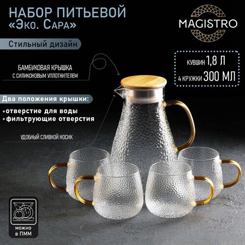 Набор для напитков из стекла Magistro «Эко. Сара», 5 предметов: кувшин 1,8 л, 4 кружки 300 мл