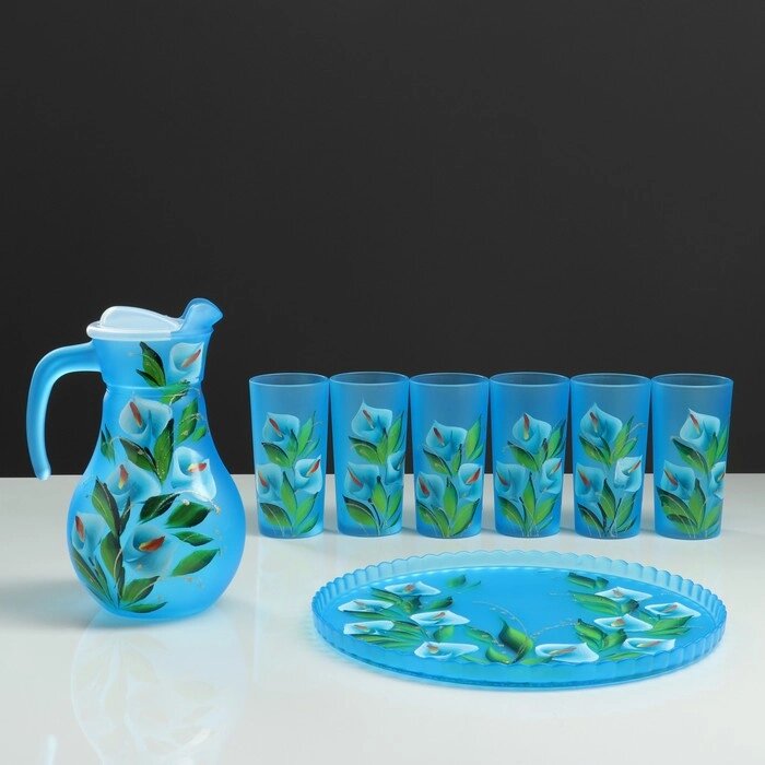 Набор для сока с подносом "Каллы" художественная роспись, 6 стаканов 1250/200 мл, синий от компании Интернет - магазин Flap - фото 1